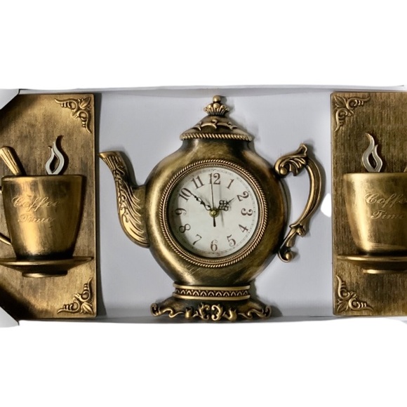 Tea Kettle Clock And Cup Set 3 Pieces Bronze 12” - Picture 3 of 13